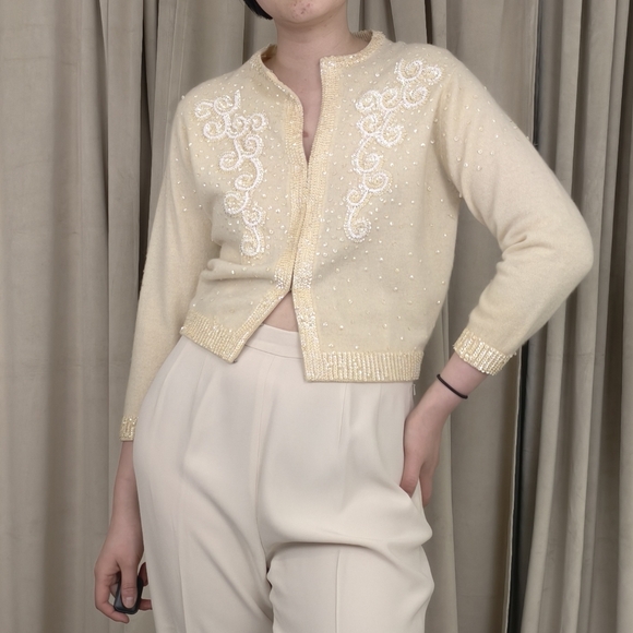 Vintage Sweaters - Vintage Wool and Rabbit Hair Cream Cardigan with Sequins Embellishments